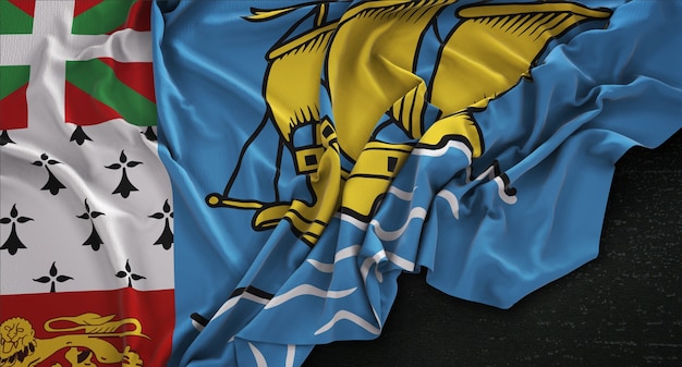 Saint Pierre and Miquelon Flag Wrinkled On Dark Background 3D Render