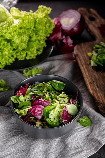 Salad arrangement on white cloth