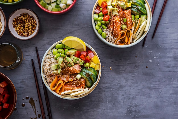 Salmon poke bowl flat lay photography