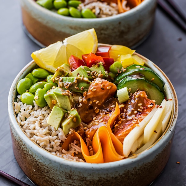 Salmon on rice poke bowl photography