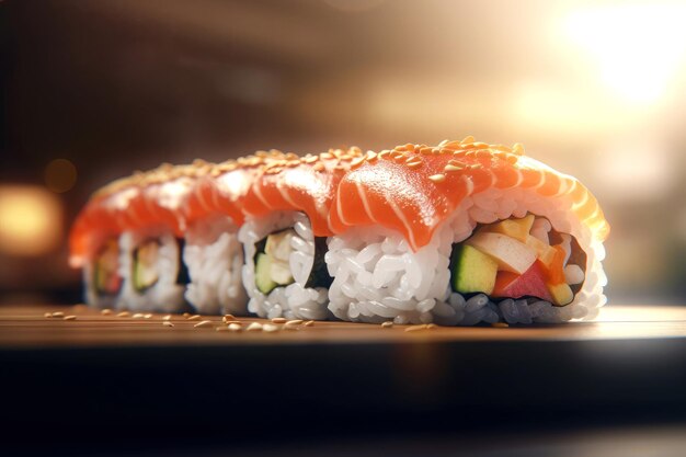 Salmon and rice sushi rolls on wooden table at restaurant Ai generative