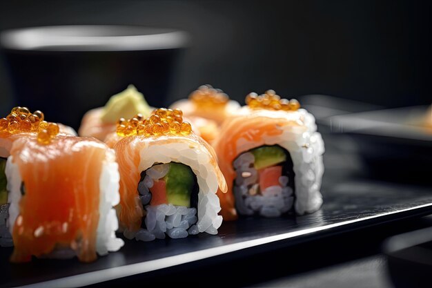 Salmon and rice sushi rolls on wooden table at restaurant Ai generative