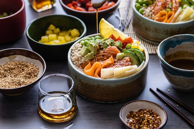 Salmon with vegetables on rice photography