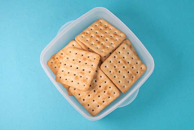 Salt crackers on the blue table