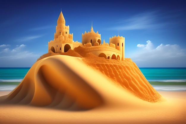 Free Photo a sand castle on a beach with a blue sky in the background