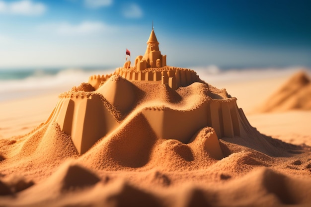 Free Photo sand castle on a beach with a blue sky in the background