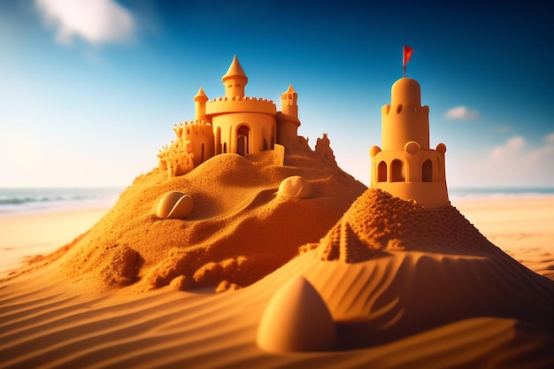 Sand castle on a beach with a blue sky in the background