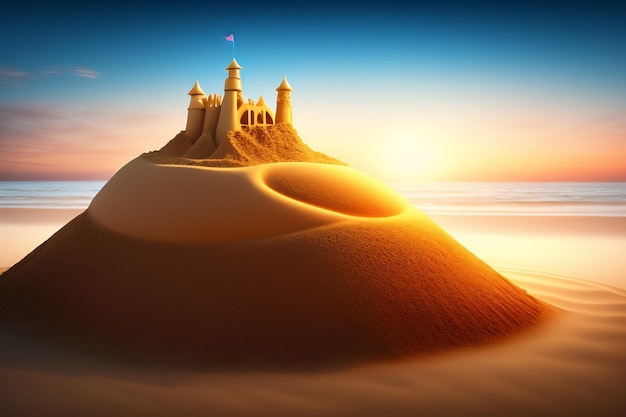 Free Photo a sand castle on a desert with the sun setting behind it.