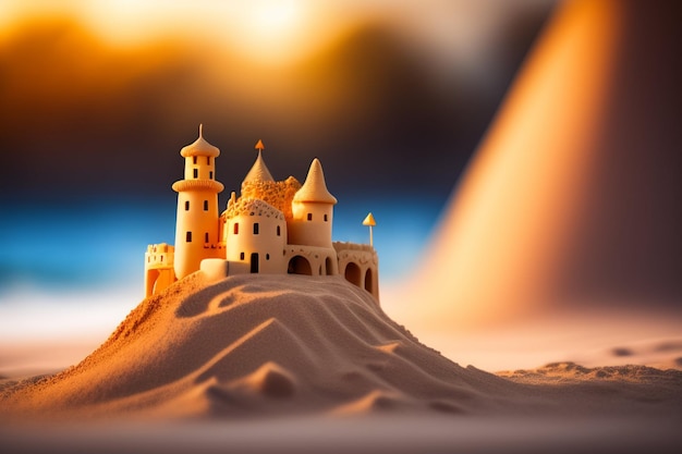 Free photo sand castle on a hill with a sunset background