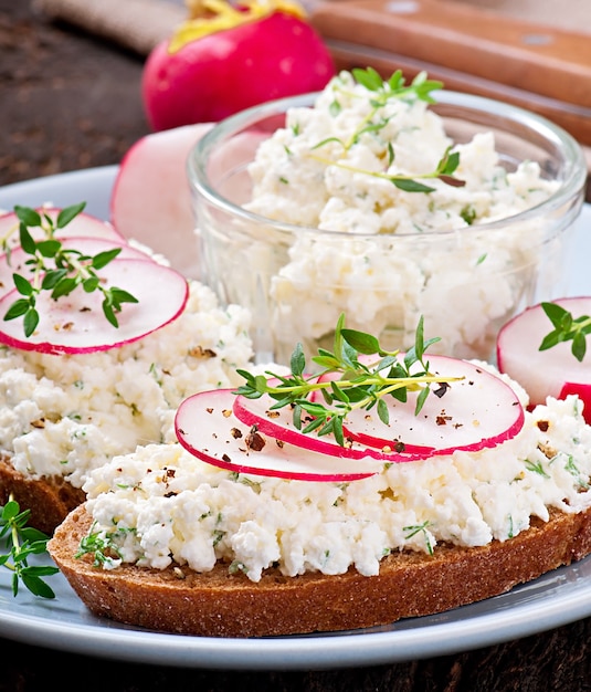 Sandwich with cottage cheese, radish, black pepper and thyme