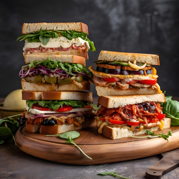 Free photo sandwiches with meat cheese and vegetables on a dark background