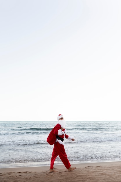 Santa claus walking on beach side view