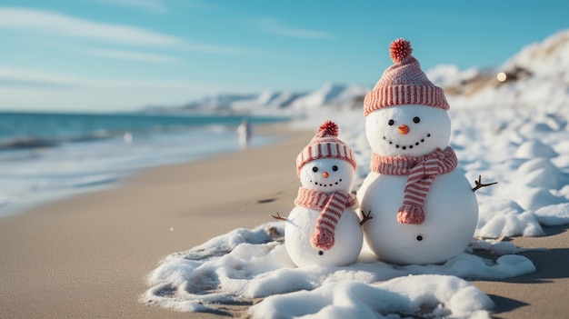 Free Photo santa hat and a beach snowman sitting in the sand