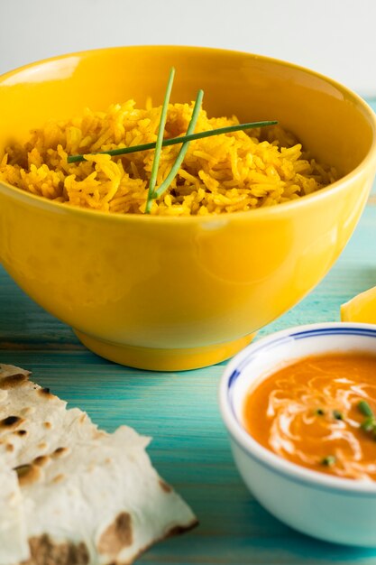 Sauce and lavash near rice