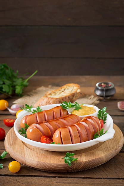 Sausages on the grill pan on the wooden table