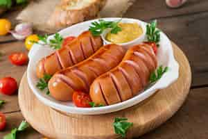 Free photo sausages on the grill pan on the wooden table