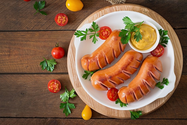 Sausages on the grill pan on the wooden table