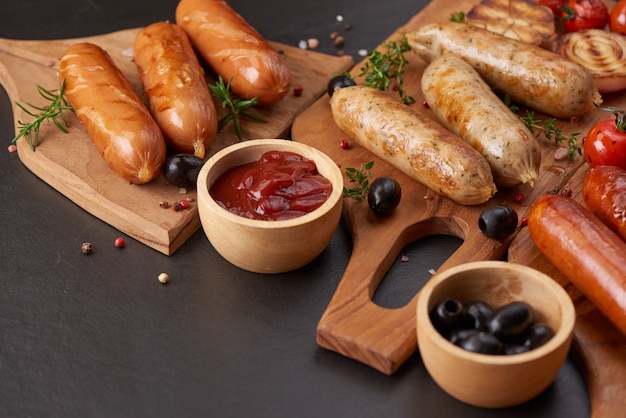 sausages and ingredients for cooking. Grilled sausage with the addition of herbs and and spices