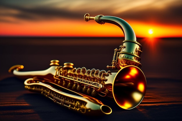 Free Photo a saxophone is laying on a beach with the sun setting behind it.