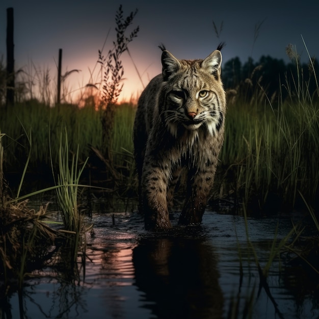 Free Photo scary bobcat in water