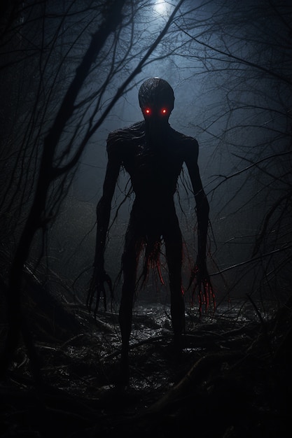 Scary monster in foggy forest at night