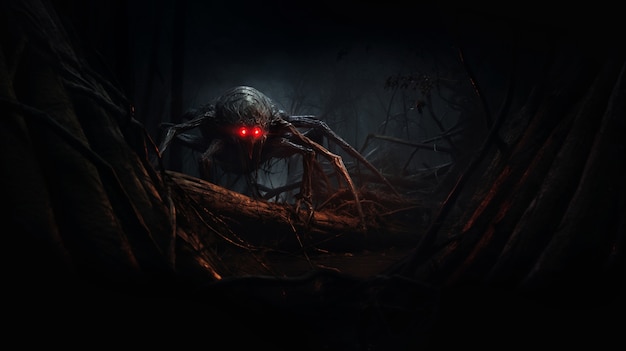 Scary monster in foggy forest at night