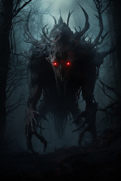 Free photo scary monster in foggy forest at night