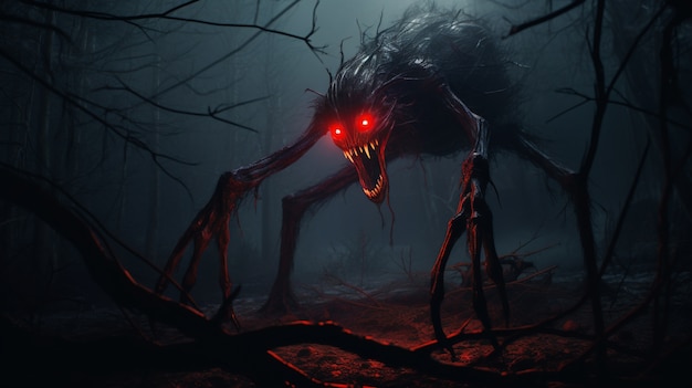 Scary monster in foggy forest at night