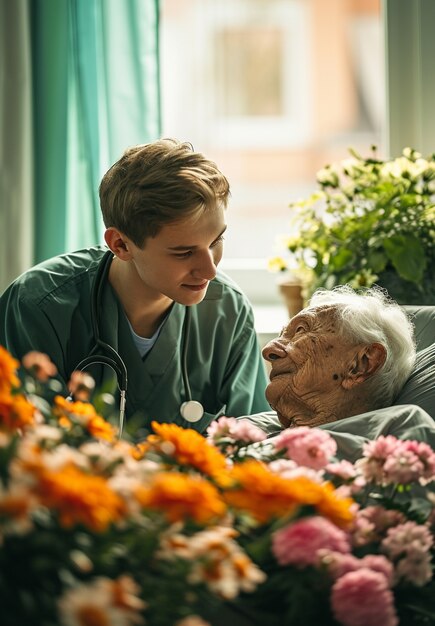 Scene from care job with senior patient being take care of