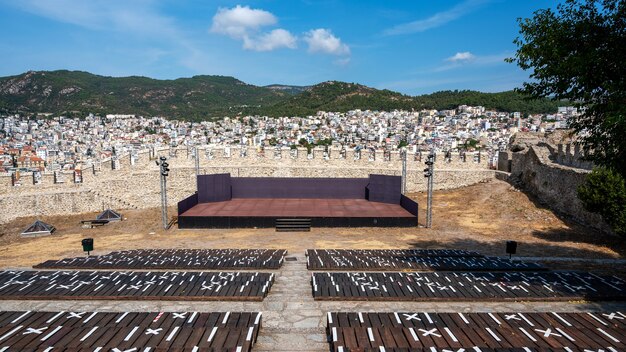 Scene and seats in an open-air theater located in the Kavala Fort n Greece