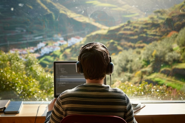 Scene with diverse young people being digital nomads and working remotely from dreamy locations