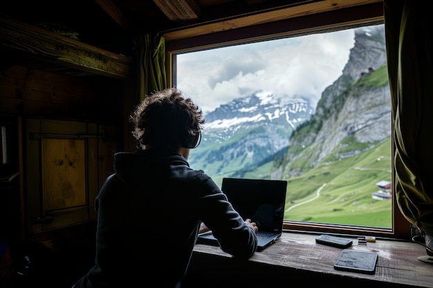 Scene with diverse young people being digital nomads and working remotely from dreamy locations