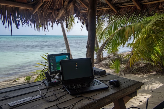 Scene with diverse young people being digital nomads and working remotely from dreamy locations