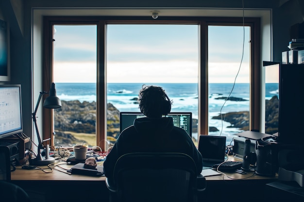 Scene with diverse young people being digital nomads and working remotely from dreamy locations