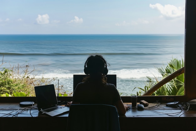 Scene with diverse young people being digital nomads and working remotely from dreamy locations