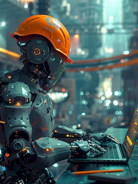 Scene with futuristic robot used in the construction industry