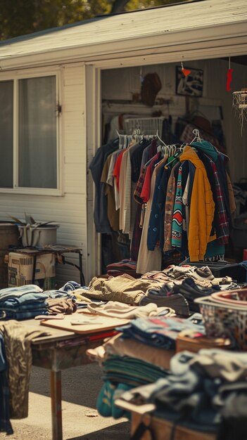 Scene with miscellaneous items being sold at a yard sale for bargains