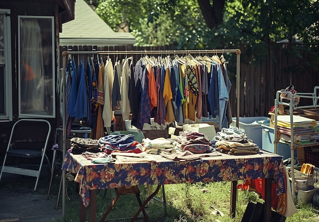 Scene with miscellaneous items being sold at a yard sale for bargains