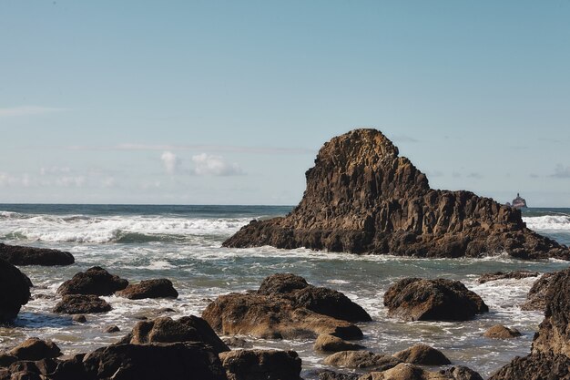 Scenery of rocks at the coastline of the Pacific Northwest in Cannon Beach, Oregon