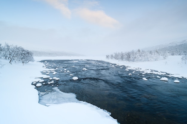 Free photo scenic view of winter river grovlan with snowcovered trees in the province of dalarna, sweden