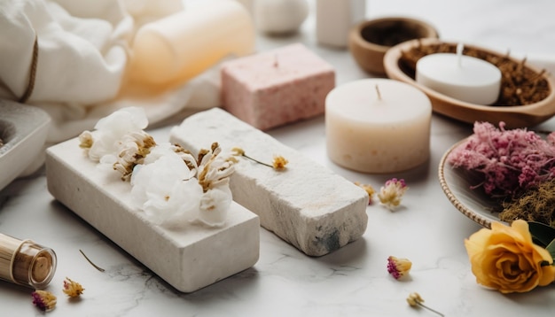 Scented candle and bath salt indulge relaxation generated by AI