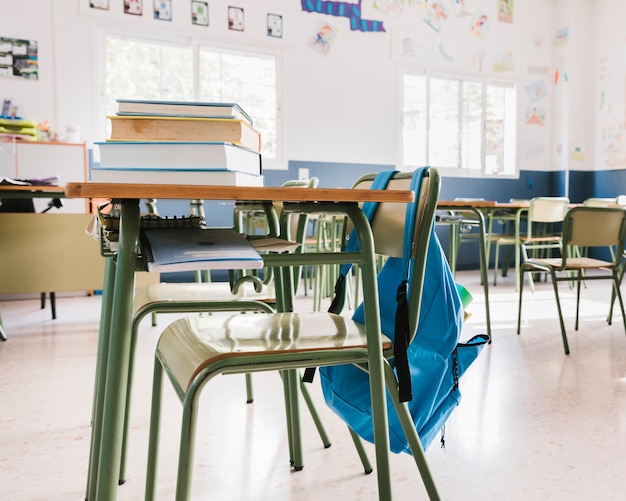 School classroom with books and backpack 