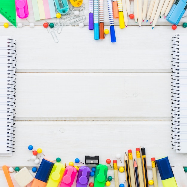 School decoration frame concept with notebooks and space