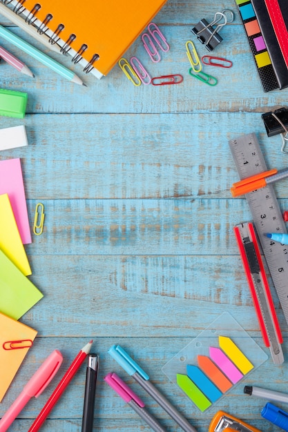 School or office tools on vintage wood table 