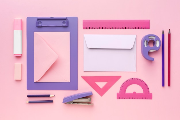 School supplies arrangement flat lay