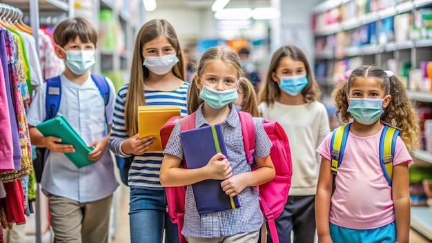 Free photo schoolchildren wearing face masks walking through a bookstore