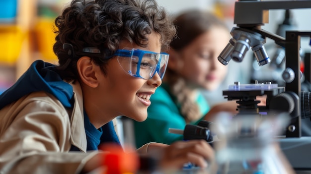 Free photo science day celebration with kids learning in the laboratory