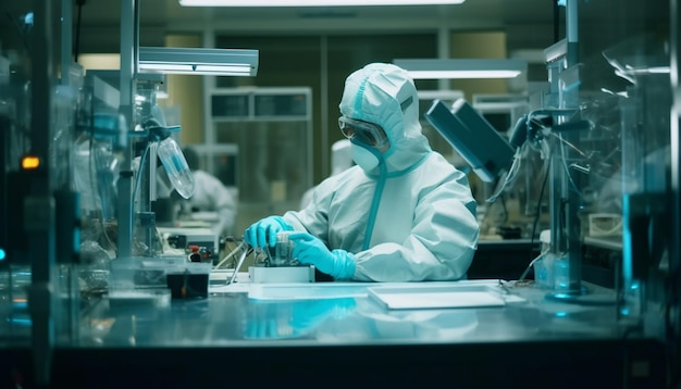 Free photo scientist analyzing liquid using protective equipment indoors generated by ai