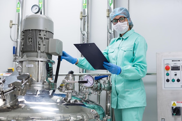 Free photo scientist in blue lab uniform stand near big pressure tank hold tablet look at camera