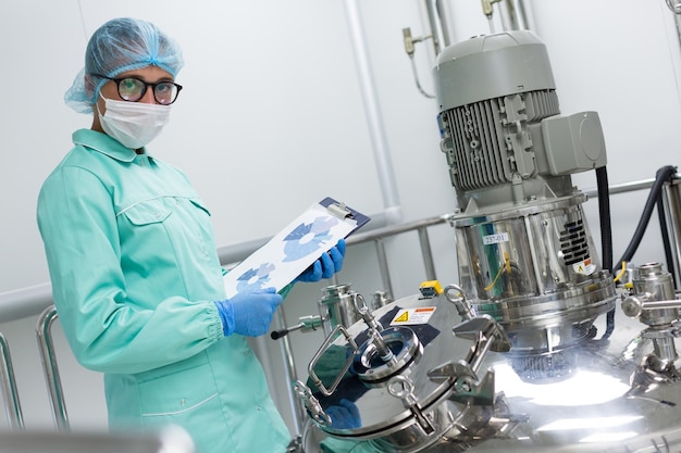 Scientist in blue lab uniform stand near big pressure tank hold tablet with graphs look at camera